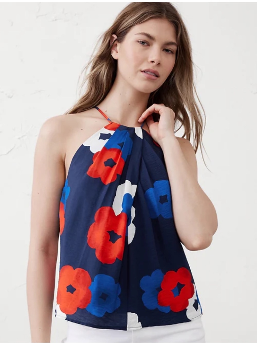 Banana Republic Sleeveless Navy Floral Halter Top - Blue/Red/White, size XS
